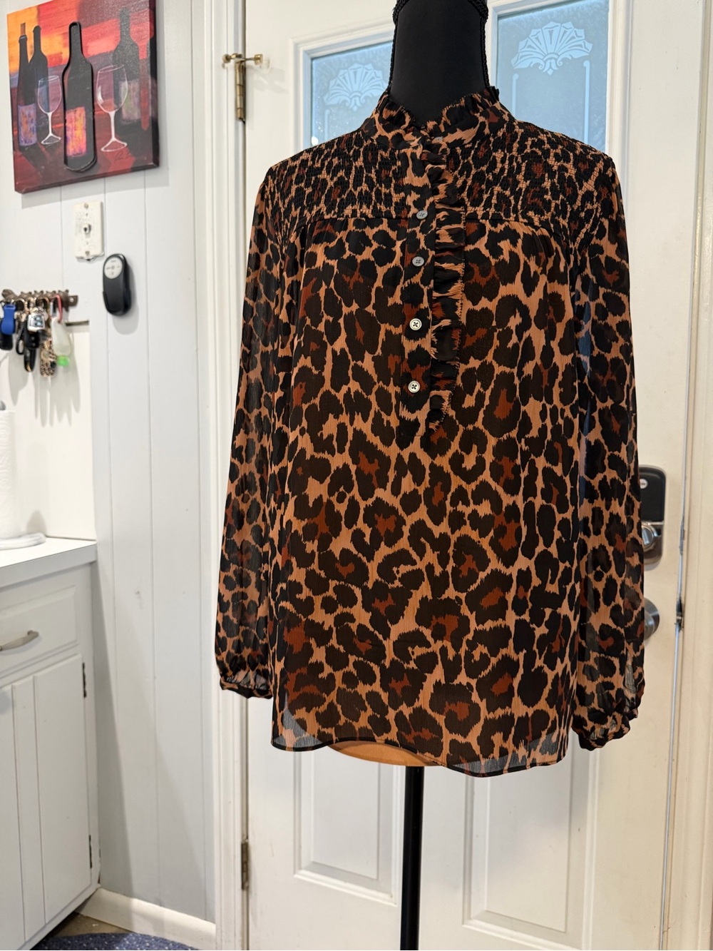 J. Crew Brown and Black Leopard Print Ruffle Front Blouse